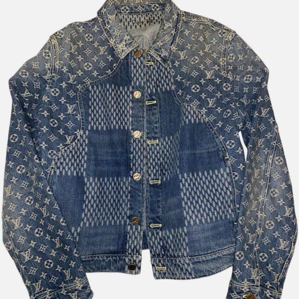 Louis Vuitton x Nigo Giant Damier Waves Mono Blue Denim Trucker Jacket Size 50